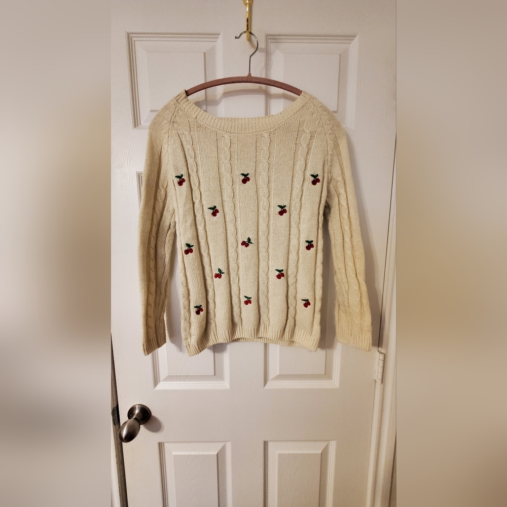 Beige Sweater with Cherry Embroidery